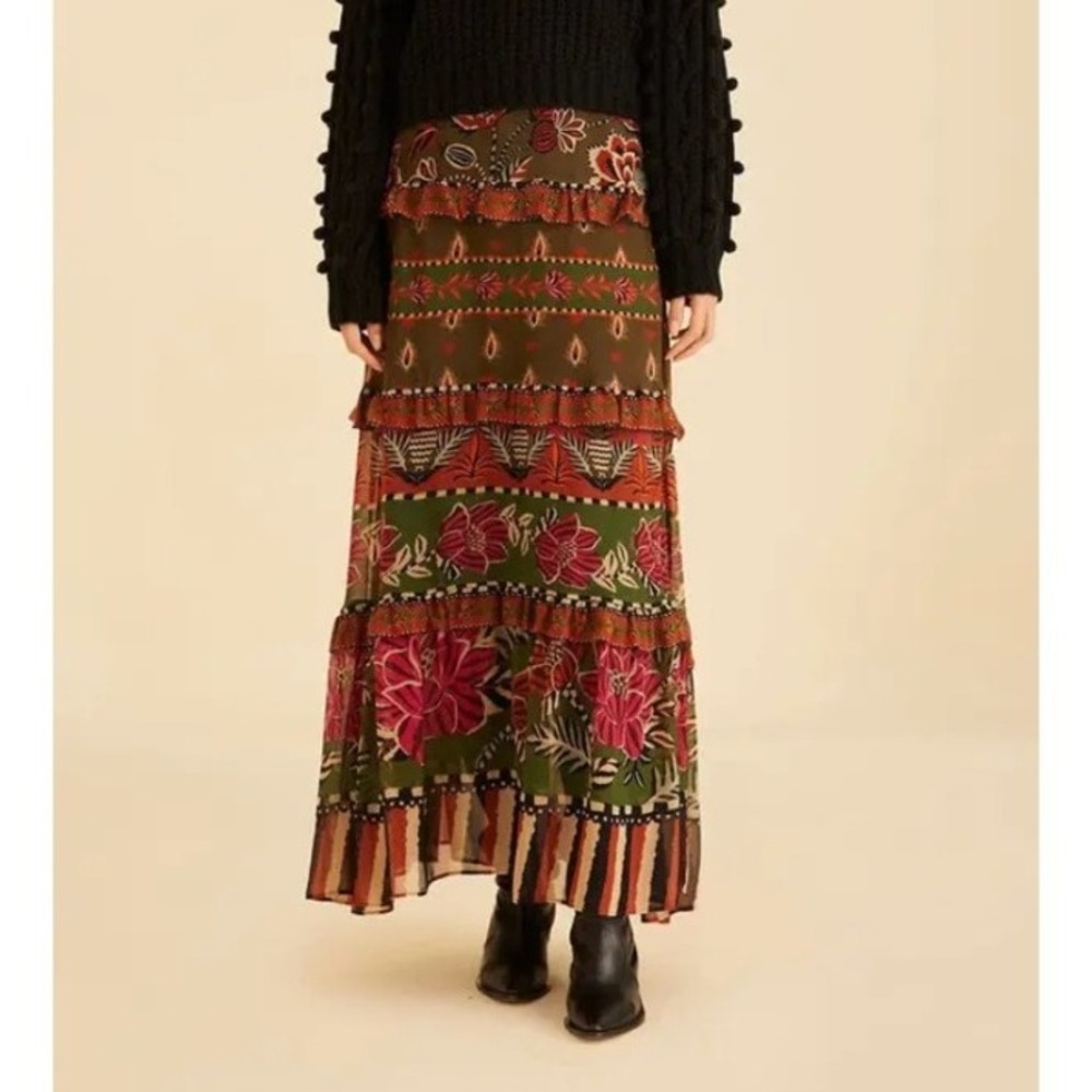 FARM Rio Ainika Tiered‎ Maxi Skirt Floral Print Colorful Bohemian XXS